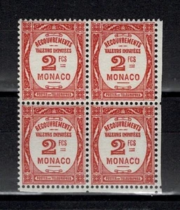 MONACO STAMP POSTAGE DUE YVERT TAXE 28  " 2F RED BLOCK OF 4  " MNH-MH VF X208 - Picture 1 of 2
