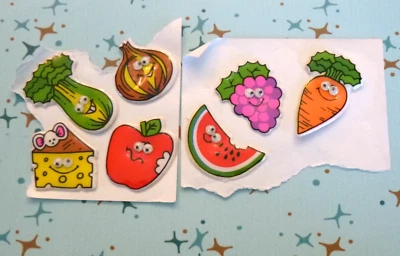 Vtg 1979 Russ Super Stick Ons Puffy Stickers Veggies Fruits Cheese Googly Eyes - Image 1 of 4