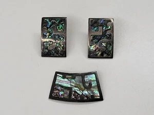 Vintage Abstract Abalone And Silver Ladies Screw On Earrings And Pendant Mexico - Picture 1 of 9