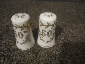 VINTAGE SALT & PEPPER SHAKERS 3" Ceramic Lefton 50th Anniversary 1955 JAPAN - Picture 1 of 8