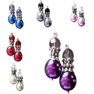 Earrings pearl COLOR CHOICE Petite drop with crystal, silver, clip on pierced  - Picture 1 of 9
