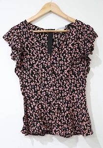 Veronika Maine Blouse Size 12 Black Pink Spotted Flutter Cap Sleeve - Good Cond. - Picture 1 of 10