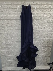 New Betsy & Adam Arielle Scuba Crepe Sleeveless Ruffle Gown Navy Size 4 - Picture 1 of 5