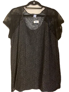 MS Mode From France Plus Size XXL Blouse Blk/Wht Polka dot Lace Short Sleeves - Picture 1 of 5