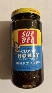 Vintage 1970s Sue Bee Clover Honey Spread Unopened Big 24 Oz Full Glass Jar NOS - Picture 1 of 9