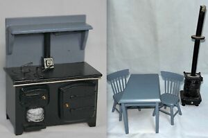 Dollhouse Miniature LOT 1/12 Blue Table & 2 Chairs w Victorian Stove + more