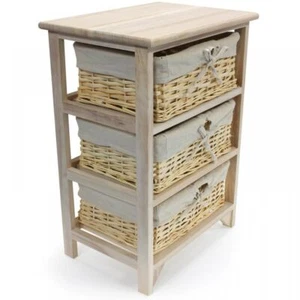 3 TIER DRAWERS WOODEN STORAGE CABINET RACK WICKER BASKETS BEDROOM UNIT FURNITURE - Picture 1 of 2