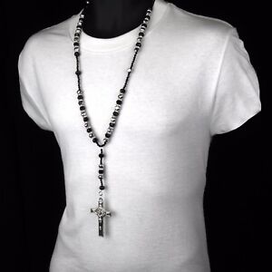 Hip Hop BLACK/GRAY Beads Silver Cz Rosary Jesus Cross Religious Necklace Chain