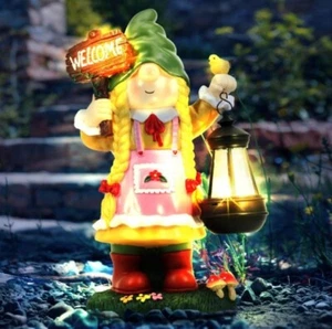 Solar Outdoor Garden Gnome Statue Large Flocked Resin - NIB!!! - Picture 1 of 8