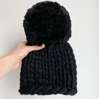 Sombrero de punto grueso pom pom, gorro Big pom, sombrero de lana tejido de invierno Foto 1 de 4