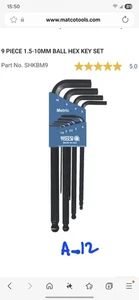 Matco Tools Metric Ball Hex Key Set SHKBM9 Metric Allen Set 1.5mm10mm - Picture 1 of 1