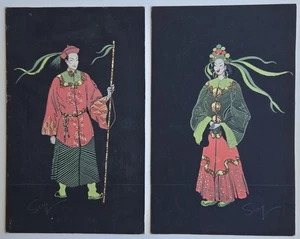Pair Vintage Bill Seay Original Painting Asian Male & Female Sascha Brastoff - Picture 1 of 11