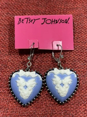 Betsey Johnson Lady Lock Powder Blue French Cameo Heart Love Doves Rose Earrings - Image 1 of 4