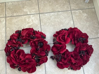 Pier 1 Vintage 15” Christmas Rose Hellebores Roses 2 Wreaths Red Berries  RARE!! - Image 1 of 4