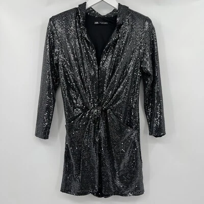 Blazer Zara Negro Plateado Lentejuelas Brillo Mono Mameluco Mujer’s Talla Pequeña Foto 1 de 4