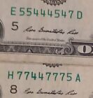 2 One $1 Dollar Bills Fancy Serial Number Trinary (4s 5s 7s) Combo Repeater