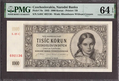 Czechoslovakia 1000 Korun NOT Perforated 1945 Pick-74c Choice UNC PMG 64 EPQ - Image 1 of 2