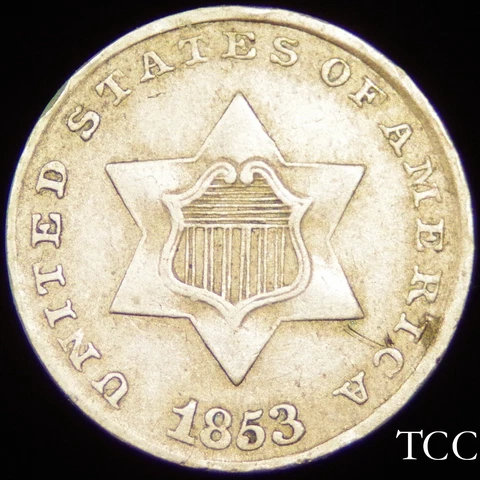 1853 THREE CENT SILVER ~  GORGEOUS ORIGINAL 3c TRIME COIN ~ FREE SHIPPING ~ TCC Cover
