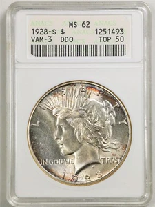 1928-S DDO $1 Peace Silver Dollar MS62 ANACS 1251493 Old "Soapbox" Holder VAM-3 - Picture 1 of 2