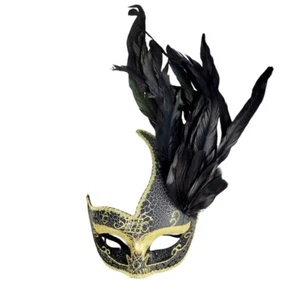 Women Party Masquerade Feathered Mask Black Gold Mardi Gras Venetian - Picture 1 of 7