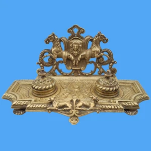 encrier secrétaire bronze signé E.G décoration chevaux visage lionnes antiquité - Imagen 1 de 24