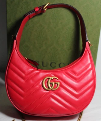 NEW Gucci Vertical Ring Mini GG Marmont Half Moon Hobo Red Shoulder Bag 699514 - Image 1 of 4