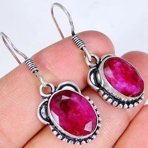Ruby & 925 Silver Handmade Stylish Earrings 37mm & gift-box - Picture 1 of 2