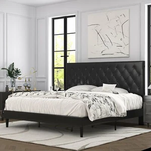 Sifurni King Platform Bed Frame with Button Tufted Adjustable Headboard, Black - Picture 1 of 8