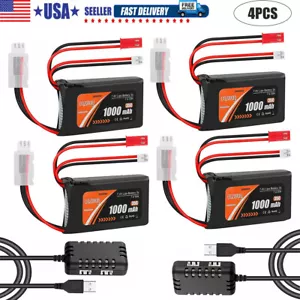 4Pcs 2S 1000mAh 7.4V Lipo Battery SCX24 Batteries 35C PH2.0 & JST Plug w/Charger - Picture 1 of 8