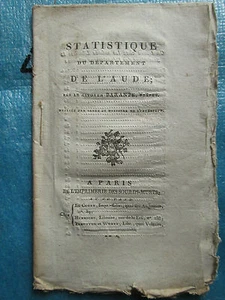 BARANTE : Statistique du département de L'AUDE, 1802. Grand tableau dépliant. - Foto 1 di 7