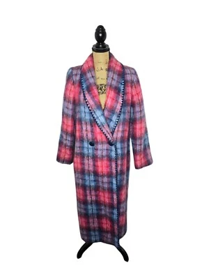 Abrigo Vintage Años 70 Rojo Azul Cuadros Lana Angora Doble Pecho Foto 1 de 4