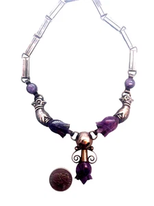 1940's Spratling Design Mexican Silver Amethyst Hands Necklace!  Exceptional - Picture 1 of 4