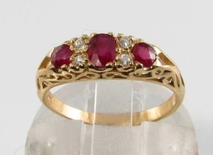 TOP 9K 9CT GOLD INDIAN RUBY & DIAMOND VINTAGE INS HALF HOOP RING FREE RESIZE - Picture 1 of 5