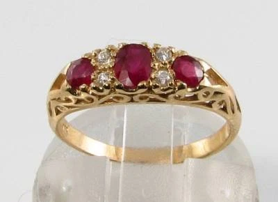 TOP 9K 9CT GOLD INDIAN RUBY & DIAMOND VINTAGE INS HALF HOOP RING FREE RESIZE - Image 1 of 4
