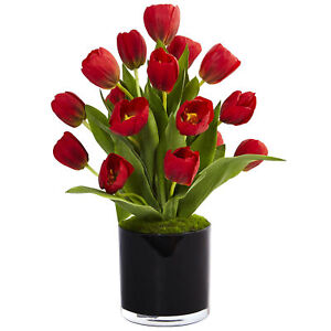 Tulips In Black Glossy Cylinder Artificial Flower Arrangement