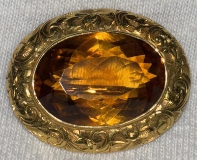 Antiguo broche de citrino de oro amarillo de 14 quilates de 19 mm Art Nouveau eduardiano grabado 6 g fino Foto 1 de 4