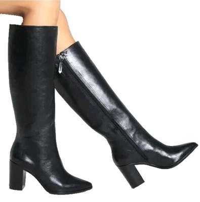 Botas SCHUTZ tamanho 9.5 Mikki UP todo de couro biqueira pontiaguda zíper bloco salto alto preto - Imagem 1 de 4