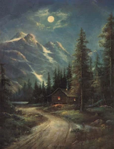 Cabin Full Moon Mountains Stream Wm Thompson - Picture 1 of 1