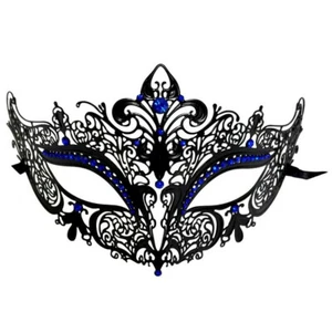 Black Blue Crystal Laser Cut Mask Masquerade Prom Metal Filigree - Picture 1 of 2