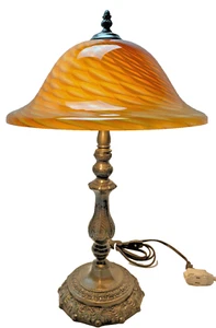 20" Spindle Cast Metal Lamp Base & Amber Art Glass Shade Antique Bronze Finish - Picture 1 of 22