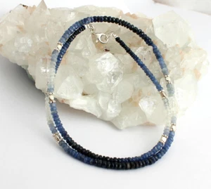 Sapphire Necklace Genuine Gemstone Blue White Faceted Collier 925 Silver Women - Picture 1 of 4