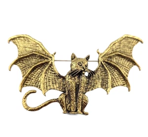 DEMON KITTY BROOCH large goldtone devil cat vampire bat wings halloween pin Z4 - Picture 1 of 3