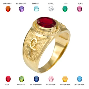 10K Yellow Gold Egyptian Ankh Cross Birthstone CZ Ring - Picture 1 of 24