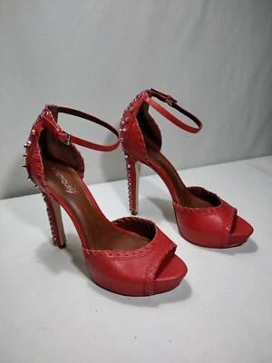 Open Toe Metal Studs STILETTO SANDALS RED Ankle Strap Platform Size 10M - Image 1 of 4