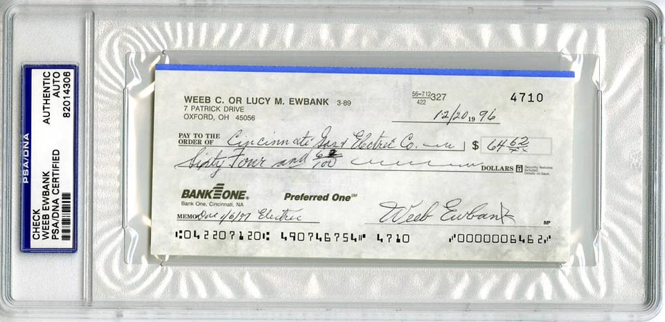 Weeb Ewbank SIGNED PERSONAL CHECK Coach New York Jets (DEC) PSA/DNA AUTOGRAPHED - Image 1 of 1