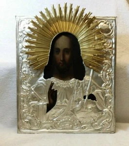 Antique Religious Icon of Jesus Hand Painted on Wood-Silver Plated Metal Overlay - Picture 1 of 12