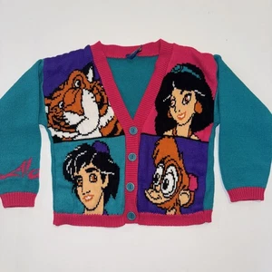 Vintage Disney Aladdin Jet Set Kids Girls Sz 5/6 Knit Sweater 90s Cardigan - Picture 1 of 10