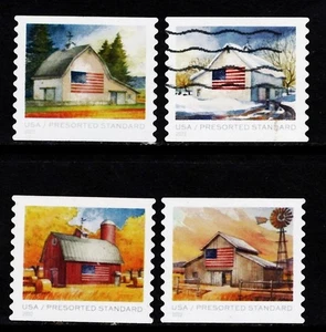 OFF paper #5684-87 Flags on Barns (used set of 4) pre-sort Forever 2022 – f346 - Picture 1 of 1