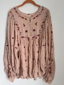 Free People Kiss From A Rose Embroidered Floral Tunic Top Coral Pink Size L - Picture 1 of 9