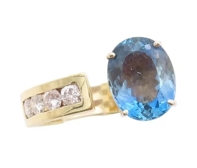 14k 黄金复古戒指 真钻石戒指 椭圆形蓝色宝石 尺寸 4.5 GR1042 — 第 1/4 张图片